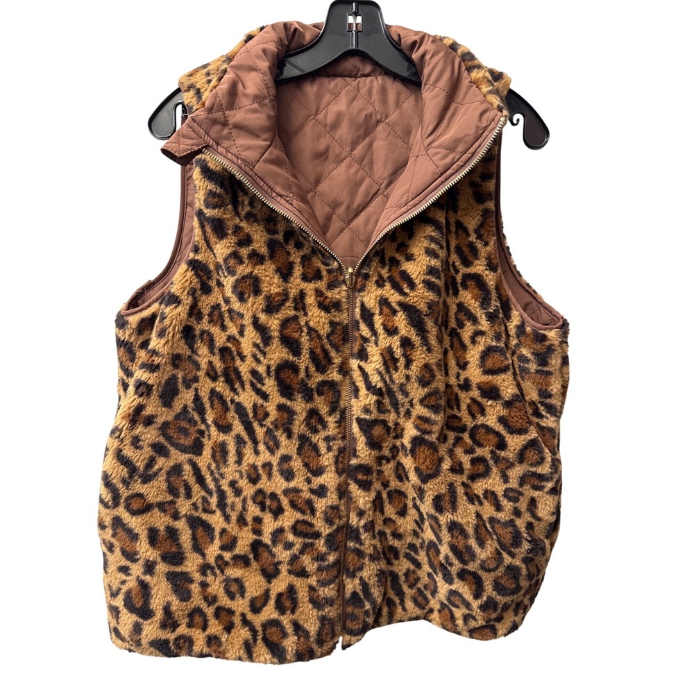 Reborn J Reversible Leopard Faux Fur Quilted Puffer Vest Brown Womens Medium